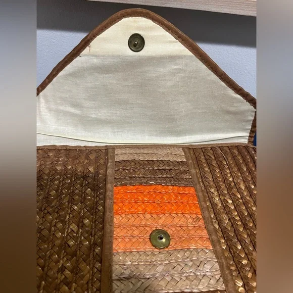 Waves Straw Wicker Purse Envelope Clutch Bag Brown Orange Vintage 70s 80s Lined - Picture 7 of 10